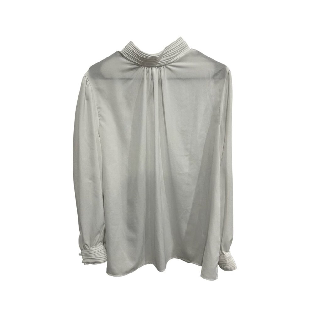 Vintage LATC Pleated Neck Long Sleeve Blouse White Sz 42 Keyhole Back Career